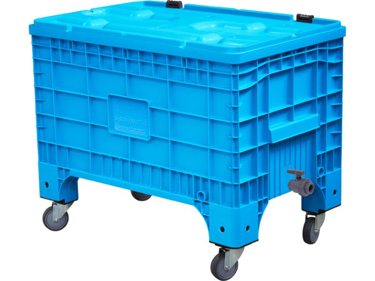 Контейнер 1017х636х793 сплошной, на колёсах, с крышкой на петлях, с КШ 1 внешняя резьба цв. сини купить в Краснодаре