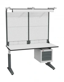 Стол монтажный ДиКом СР-150-01, ESD Thermopal, регулировка винтом, экран Э3, с подвесной тумбой, со светильником Стол монтажный ДиКом СР-150-01, ESD Thermopal, регулировка винтом, экран Э3, с подвесной тумбой, со светильником